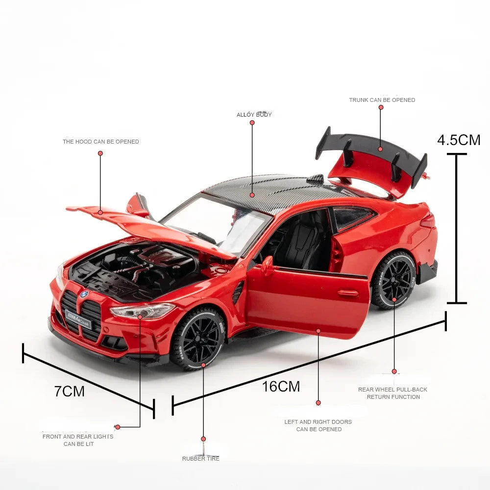 RC Universe® BMW M4 – Coche Miniatura 1:32 con Efectos de Luz y Sonido, Para Niños y Coleccionistas